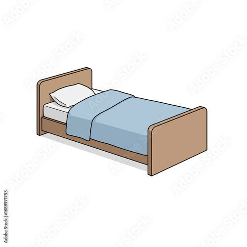 A simple wooden bed with a blue blanket and pillows, designed for sleeping.