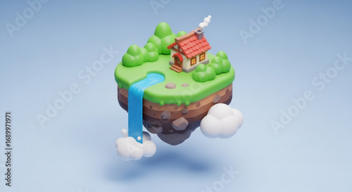 Floating island house with waterfall and clouds 3d render landscape fantasy world nature illustration art