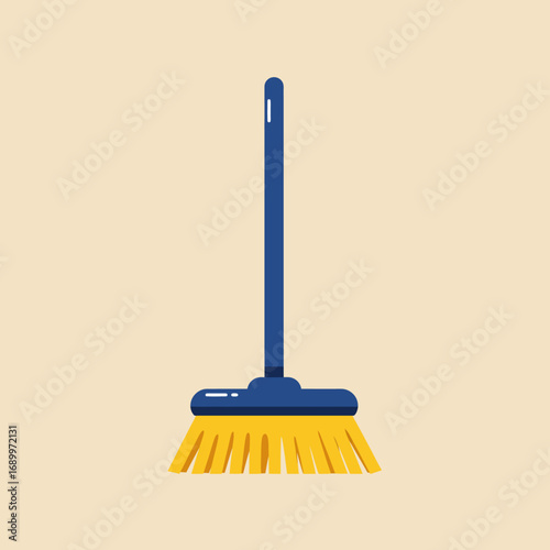 A simple illustration of a broom with a yellow bristle head and a blue handle.