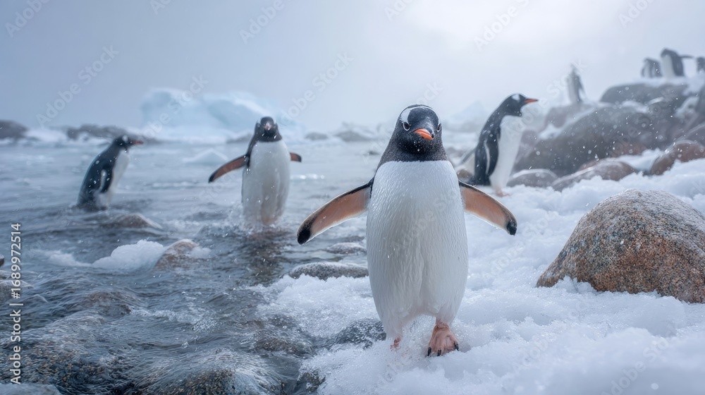 Fototapeta premium Gentoo Penguin on Antarctic Rocks Facing the Camera