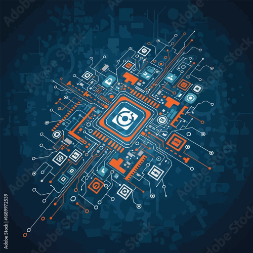 An illustration of a computer processor with intricate circuit connections on a dark blue patterned background.