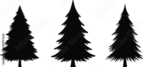 Full black pine tree silhouette set, evergreen conifer forest symbol, Christmas tree vector illustration design for nature, holiday, decoration, eco environment, seasonal art