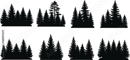 Full black pine forest silhouette vector set, evergreen tree landscape illustration, conifer woodland design, eco nature symbol for outdoor, seasonal, adventure, camping, and environmental art