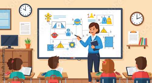 Engaging Classroom: A dedicated teacher guides a class through an educational journey in a brightly lit classroom, creating an enriching and vibrant environment filled with learning and engagement.