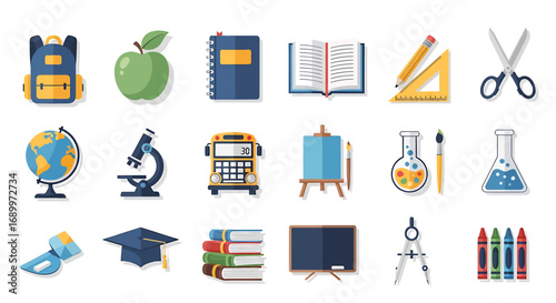 Back to School Essentials: A colorful, flat-lay of back-to-school supplies, illustrating essential tools for knowledge, education, and academic success. 