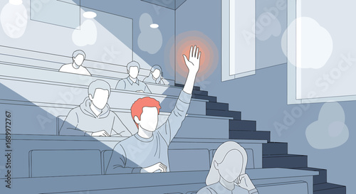 Student's Insight: An Illustration depicting a moment of enlightenment as a student raises their hand in a lecture hall, signifying a moment of insight and curiosity. 