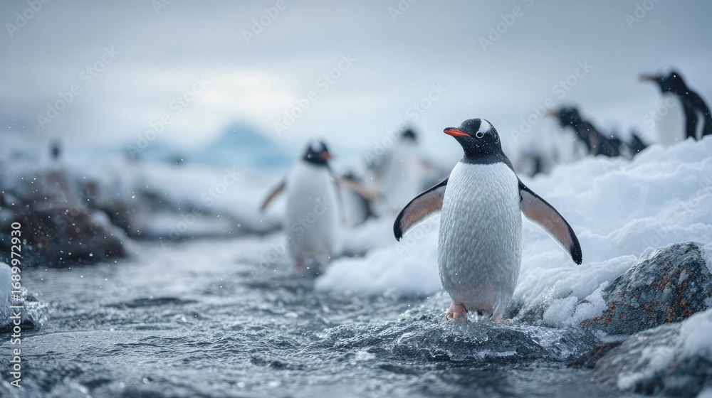 Obraz premium Gentoo Penguin on Antarctic Rocks Facing the Camera