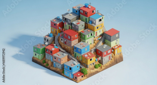 Isometric favela illustration, colorful brazilian slum, urban community, detailed architecture, 3d render