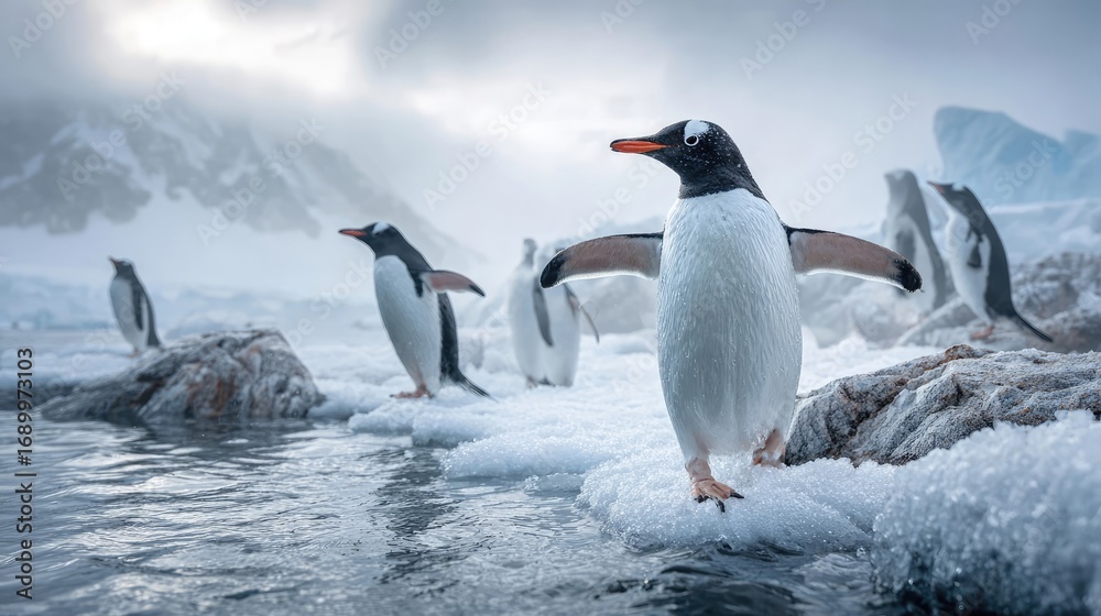 Fototapeta premium Gentoo Penguin on Antarctic Rocks Facing the Camera