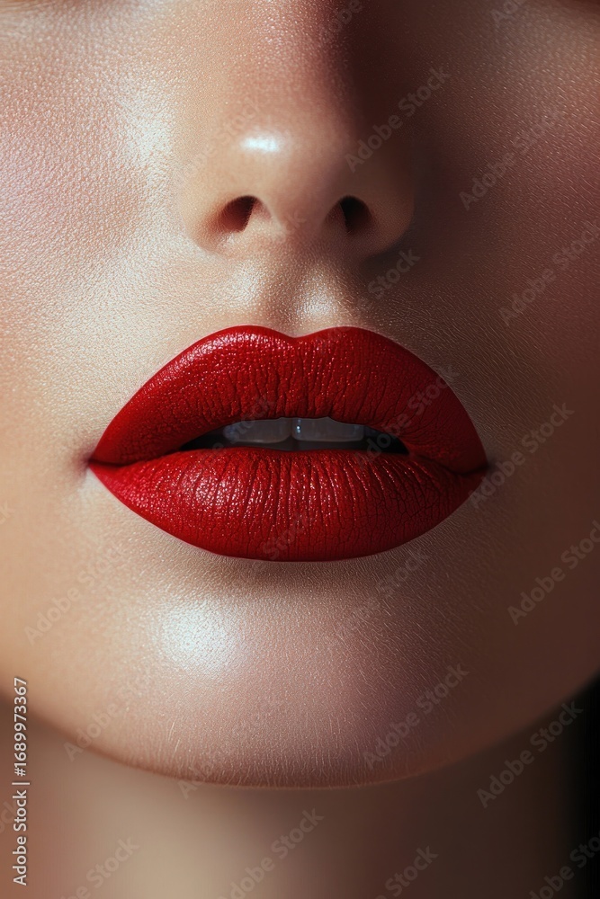 Obraz premium Close-up of a woman's lips with smooth skin and vibrant red lipstick, highlighting soft texture and sensual expression