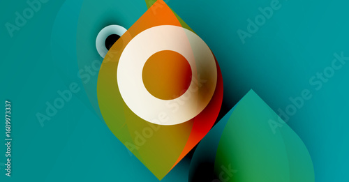 Abstract shapes overlap, creating vibrant composition. Orange, green, white hues dominate turquoise background. Fluid forms suggest movement.