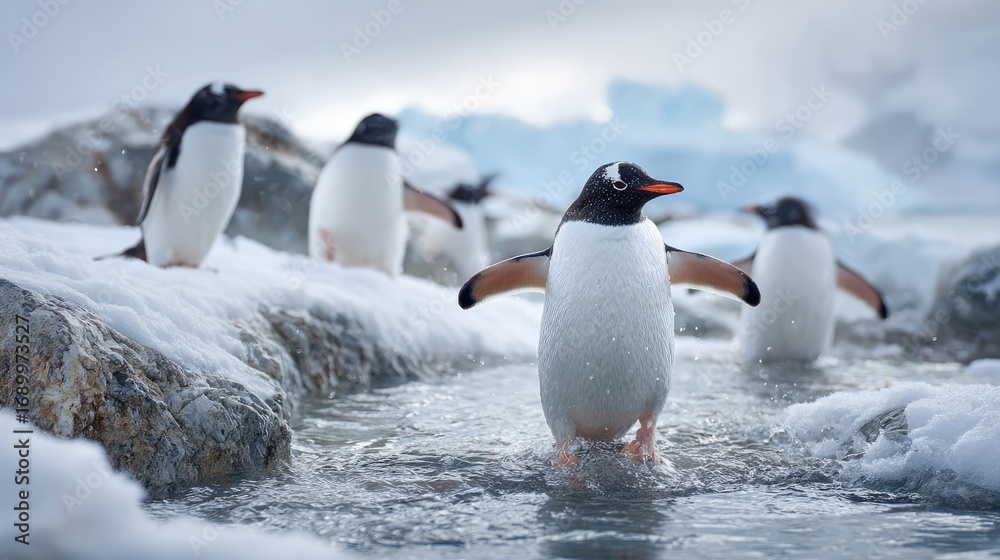 Fototapeta premium Gentoo Penguin on Antarctic Rocks Facing the Camera