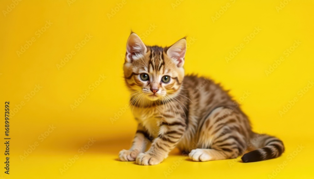 Fluffy tabby kitten, playful pose, vibrant yellow backdrop, animal photography, background, white Fluffy tabby kitten, playful pose, vibrant yellow backdrop, animal photography, background, white
