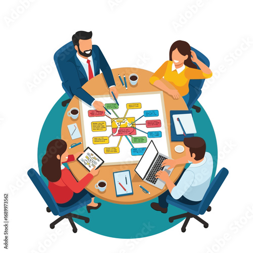 Team brainstorming around a table, collaboratively developing a mind map strategy.