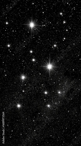 Sparse star field reveals bright, clustered stars against a deep black cosmic background, suggesting constellations in the night sky