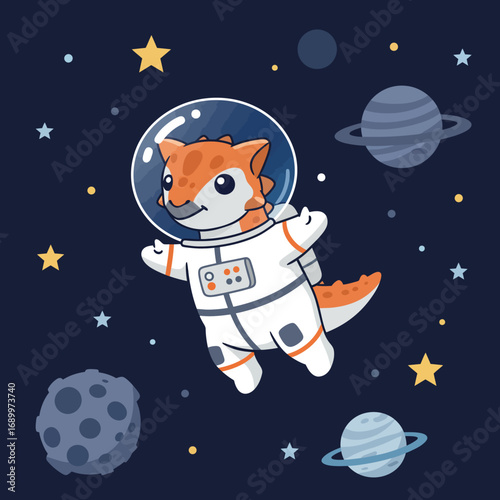 A cute dinosaur in a spacesuit floating in space among planets and stars.