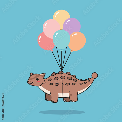 A cute dinosaur floating with colorful balloons against a blue background.