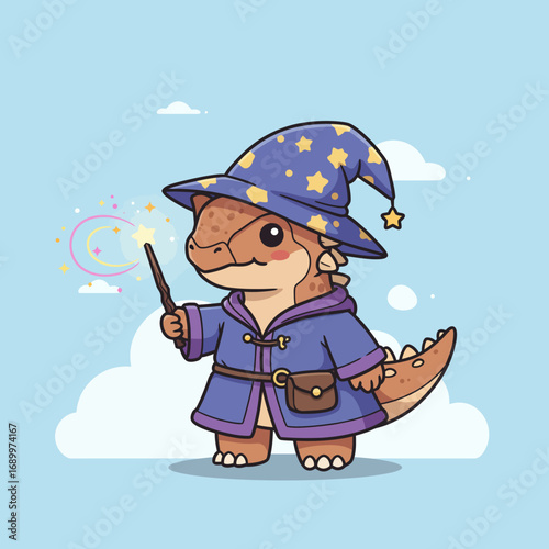 A cute dragon wearing a wizard hat and robe, holding a magic wand with sparkles.