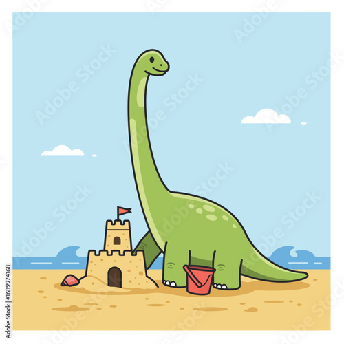 A friendly dinosaur builds a sandcastle on the beach, enjoying a sunny day by the ocean.