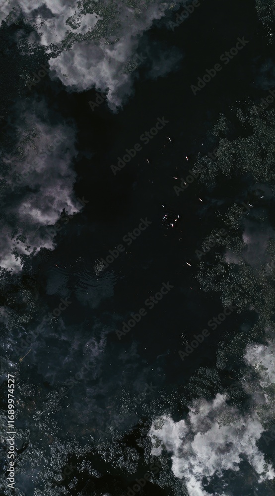 Obraz premium Aerial view of dark water surrounded by lush, green vegetation, with scattered red boats. The lighting is dramatic, creating a moody, serene atmosphere