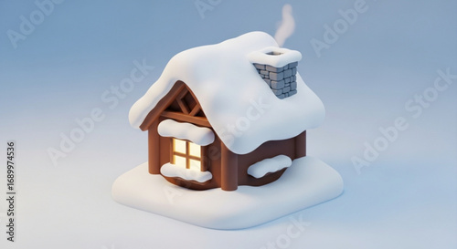 Winter cabin in snow illustration christmas holiday scene cozy home with chimney and warm light 3d render
