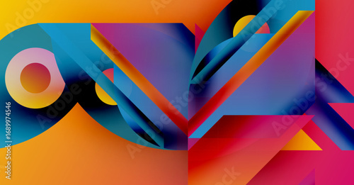 Abstract geometric shapes, vibrant colors blend. Dynamic composition creates modern visual experience. Bold contrasts dominate design.