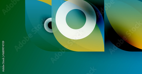 Abstract shapes overlap, creating vibrant color gradients. Circles, curves, smooth transitions define composition. Modern design elements present.