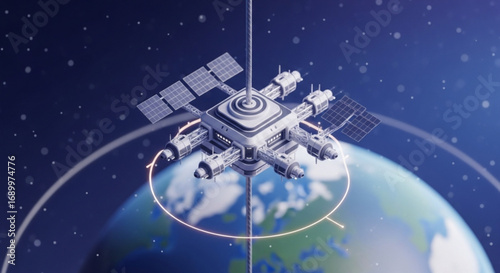Satellite space station orbiting earth for global communication technology and exploration research mission