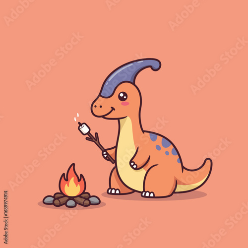 A cute dinosaur roasting a marshmallow over a campfire.