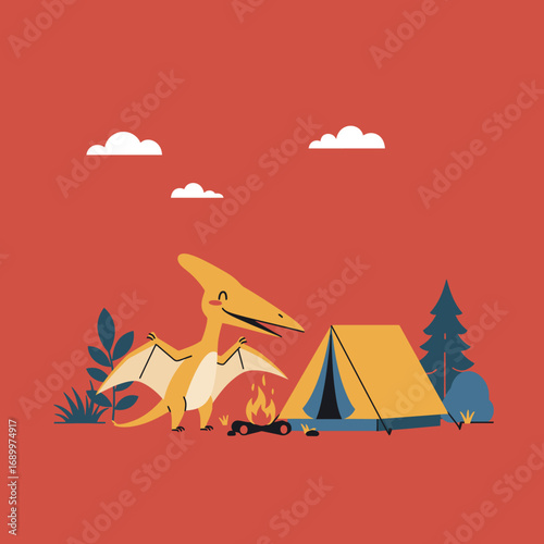 A whimsical scene featuring a dinosaur by a campfire near a tent and trees.