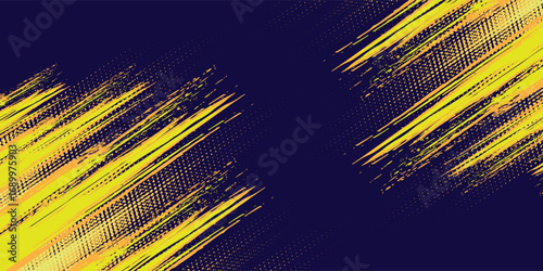 Yellow orange combination halftone on dark blue background. Vector dotted sparkles. Burn pattern.
