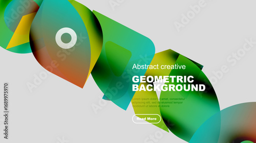 Abstract shapes overlap, creating vibrant color gradients. Modern design features text, button, dark background.