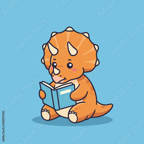 A cute dinosaur character reading a book against a blue background.