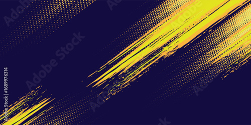 Yellow orange combination halftone on dark blue background. Vector dotted sparkles. Burn pattern. Simple header style.