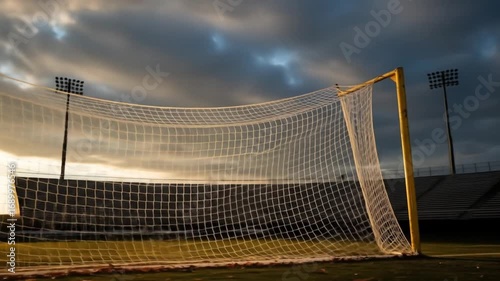 Sunset over a soccer goal net with a blurred stadium in the background during a calm evening
