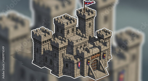 Isometric medieval castle illustration for game design and fantasy art asset with towers and battlements