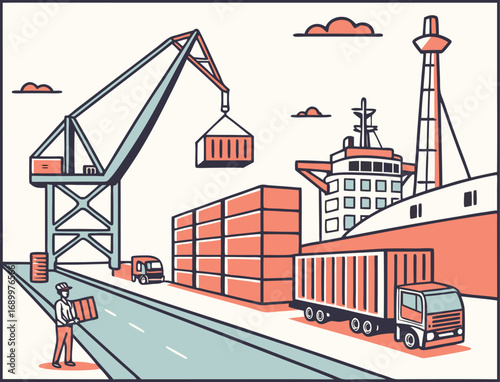 Port Terminal with Cranes Loading Cargo Containers
