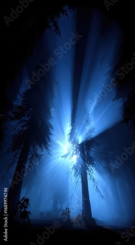 Forest bathed in light. Rays of blue-tinted sun pierce through trees, illuminating a foggy, mysterious grove, creating an ethereal, calming atmosphere