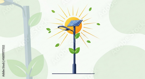 Illustration of a solar street light with leaves and sun, promoting renewable energy and sustainability
