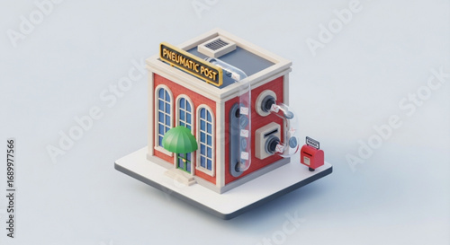 Isometric pneumatic post office building illustration for mail delivery service and automated postal system design
