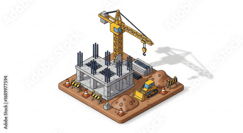 Isometric construction site with crane and bulldozer vector illustration design concept for building and development