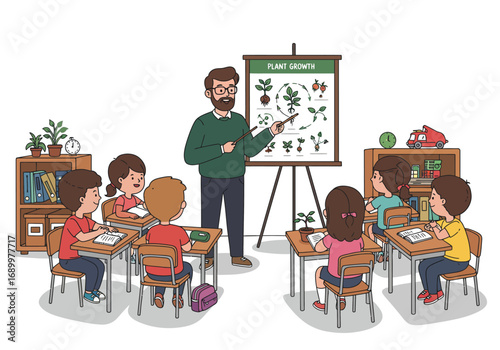 Teacher Explaining Plant Growth to Students in Classroom Setting Illustration
