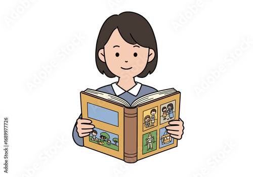 Cartoon Woman Reading a Photo Album with Family Pictures
