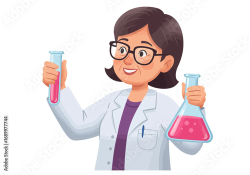 Smiling Female Scientist Holding Laboratory Glassware with Pink Liquid