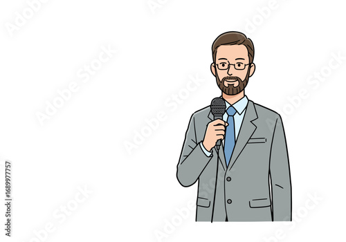 Cartoon Man in Suit Holding Microphone for Speech or Presentation