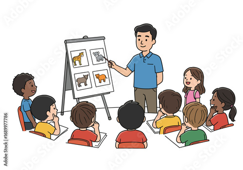 Teacher with Students Learning Animals in Classroom Illustration