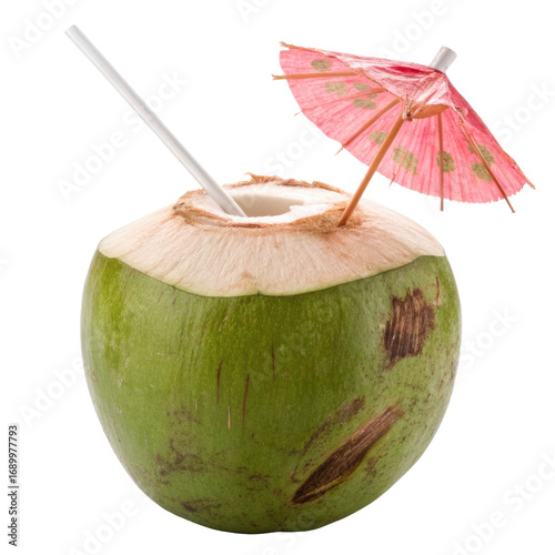 Freshly cut young green coconut filled with clear juice and tender flesh, tropical refreshment isolated on white background. PNG