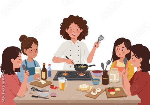 Cooking Class with Chef and Students Preparing Food Together