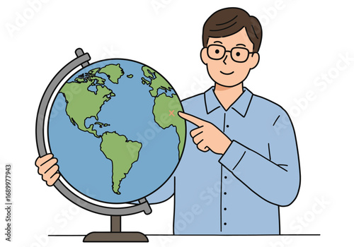 Cartoon Man Pointing to Africa on a Globe with Stand