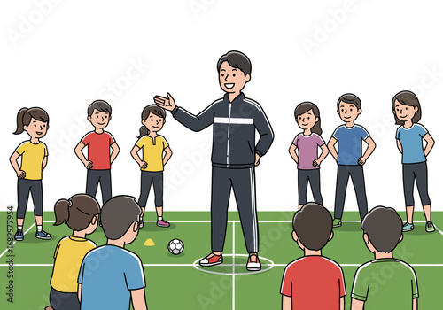 Cartoon Illustration of a Coach Instructing a Group of Young Players on a Field
